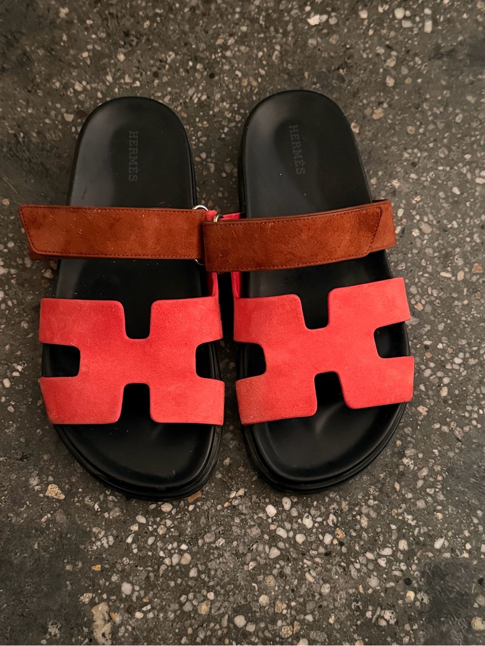 Hermes Red and Brown Suede Chypre Slide Sandals